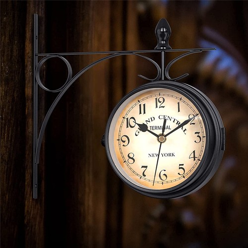 Bracket Double Sided Wall Clock Hanging Silent Movement Outdoor Garden Station - Picture 1 of 12