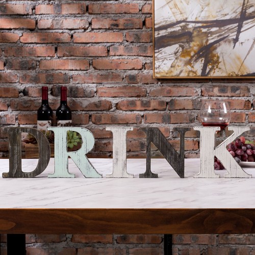 MyGift DRINK Rustic Multicolored Wood Decorative Tabletop Cutout Letter Sign - Picture 2 of 5