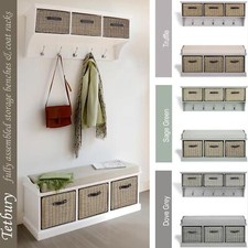 Tetbury Hallway Bench and Hanging Shelf Set Large Storage Baskets Wipe-Clean