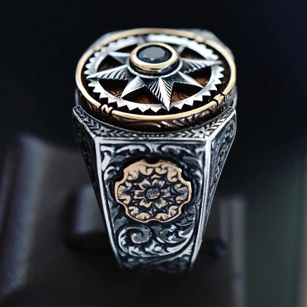 Sterling Silver Men's Ring Spinning Compass Black Diamond Unique