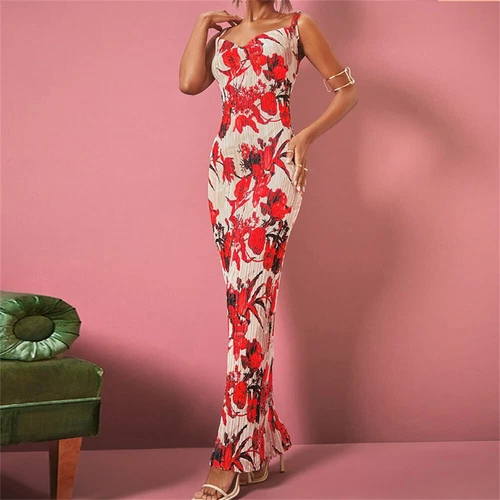 Cowl Neck Plisse Maxi Dress Sleeveless Printed Tank Dress Summer Beach Dresses - Bild 19 von 39