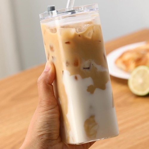 Square Heat Resistant Coffee Glass Cup With Lid and Straw Transparent Cups - Picture 6 of 19