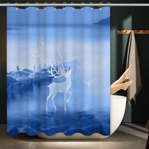 Navy Blue Fabric Shower Curtain Waterproof 72"x72" with Grommets & Hooks - Picture 8 of 8