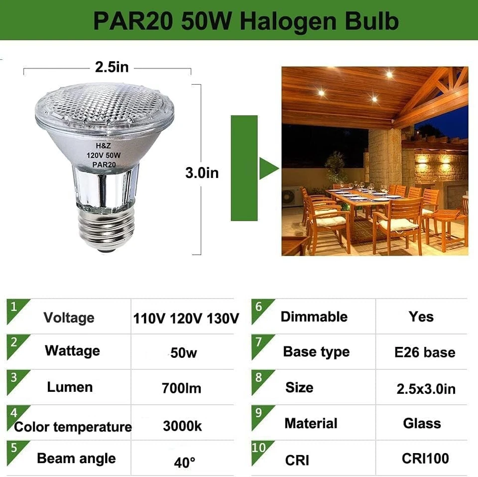 2 Pack H&Z Par20 Short Neck 50W 120V, 3000K Flood Light with E26 Medium Base dim - Image 2 of 4