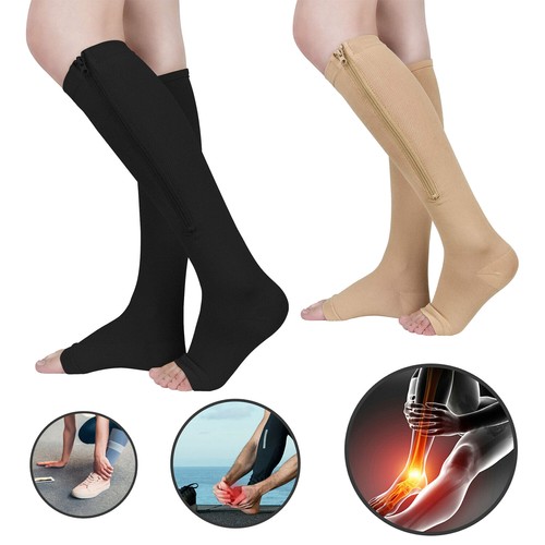 Zipper Compression Socks Open Toe for Men Women Knee High Support Hose 20-30mmHg - Picture 3 of 13