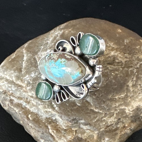 Green Turquoise Navajo Sterling Silver Cluster Ring Size 9 14843 - Picture 3 of 12