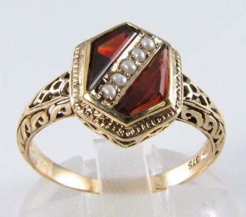 9CT 9K GOLD RARE CUT MADAGASCAN GARNET PEARL ART DECO INS RING FREE RESIZE - Photo 1 sur 6