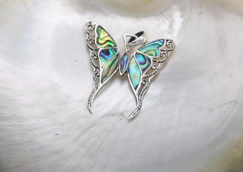 Hand made in USA Buterfly.925 Sterling Silver Genuine Paua Shell Abalone Pendant - Picture 7 of 10