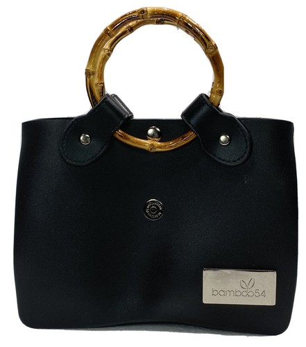 Bamboo54 Purse Black Round Bamboo Handles Magnetic Closure 7in x 9in x 3in - Picture 1 of 13