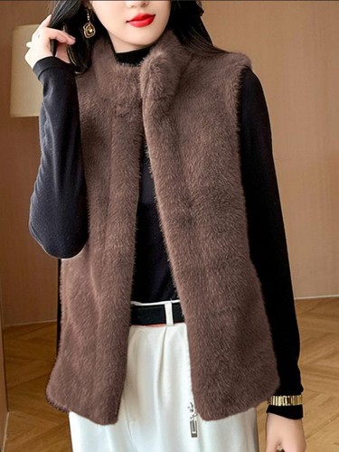 Womens Mink Fur Stand Collar Sleeveless Vest Short Coats Faux Fur Waistcoats Zip - Bild 4 von 25