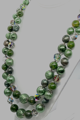 VINTAGE VENDOME Rich Green Beads Double Strand Necklace w Crystals; Great Clasp - Picture 2 of 9