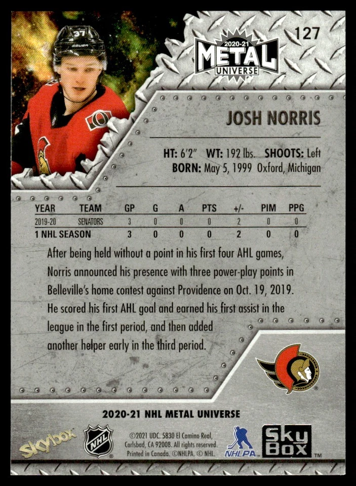 2020-21 Skybox Metal Universe Spectrum Blue Josh Norris Ottawa Senators #127 - Image 2 of 2