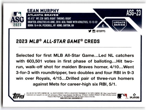 2023 Topps Update All-Star Game Sean Murphy #ASG-23 Atlanta Braves - Picture 2 of 2