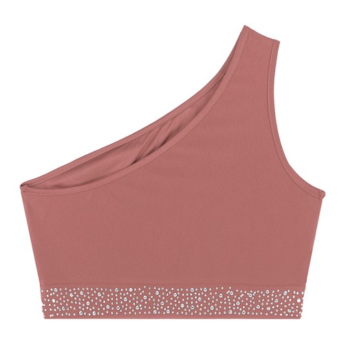 Damen Tops One Shoulder T-Shirt Gymnastik BH Strass Crop Top sportlich - Bild 69 von 84