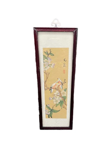 Framed Asian Artwork Bird on Cherry Blossom Branch Fabric Mat Border - Picture 7 of 12