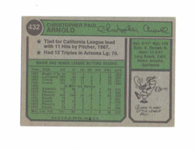 Chris Arnold San Francisco Giants C-INF #432 TCG 1974 #Baseball