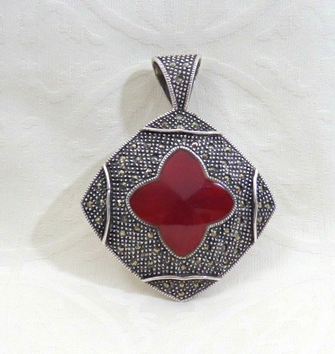 VTG Sterling Pendant 2 ¼ " Long Diamond Shape with Agate & Marcasites 18.2 Grams - Bild 7 von 11