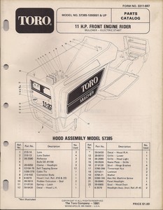 Toro 11HP Front Engine Parts Catalog Elect Start Model 57385 Serial