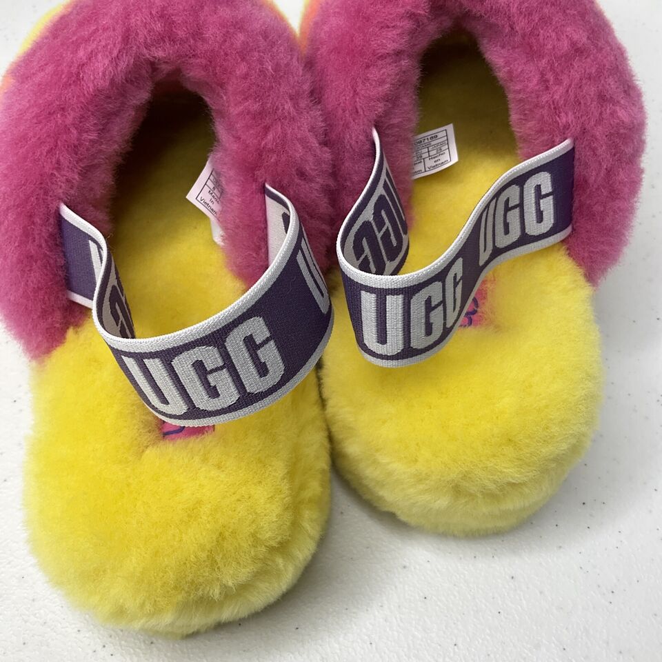 UGG Slippers Fluff Yeah SheepSkin Sandals Rainbow Pride Shoes Women Sz