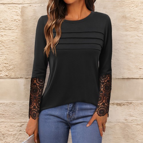 Lace Womens Knit Crew Neck Long Sleeve Slim Tops Casual T-Shirt Blouse Pullover - Picture 4 of 18