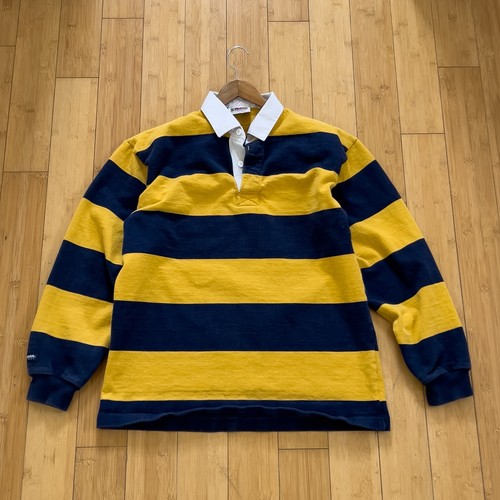 Vintage Barbarian Rugby Poloshirt Herren Large blau gelb breite Streifen Erwachsene