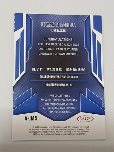 Juwan Mitchell Colorado Buffaloes 2024 Sage Certificato Autografo Rookie Card - Foto 2 di 2