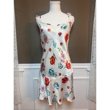 Vintage 90s Floral Satin Slip Dress Lace Trim Ruffle Tie Straps M