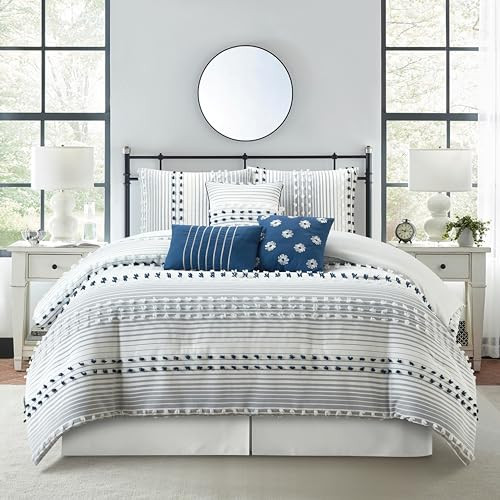  Blue Striped Dots Comforters Queen Size Set, 7 Piece, Jaquard & Clip Ultra 