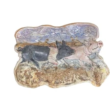 Handmade Pottery Plate With 3-D Pigs Running Through Wheat Field Glazed Signed