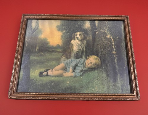 ANTIQUE Gesso Framed Print "Safely Guarded" A. Pope. Young GIRL with a Dog. VGC