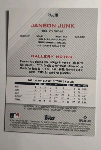 2022 Topps Gallery - Rookie Autographs Janson Junk  (AU, RC) Brewers - Picture 2 of 2