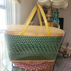 Vintage Hawkeye Green Woven Picnic Basket 1979 Double Swing Handle 19x12x10
