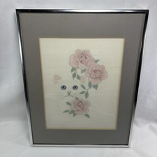 Vintage Cat And Roses CrossStitch Finished Needlepoint Art Framed Wall D cor