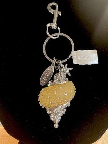 CHICO’S VINTAGE Schlüsselanhänger gelb Emaille Kristall Silber Muschel mit Clip - NEU! - Bild 1 von 5