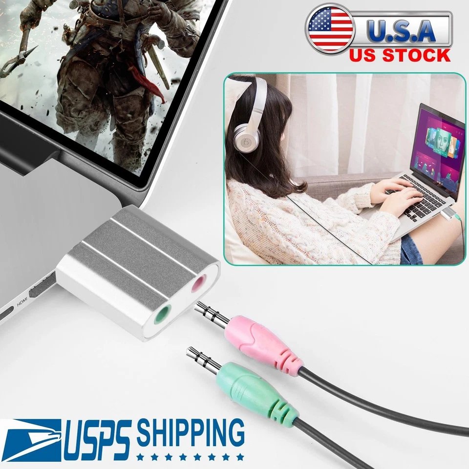 USB Audio Adapter External Stereo Sound Card w/ 3.5mm Headphone Microphone Jack - Image 4 of 4