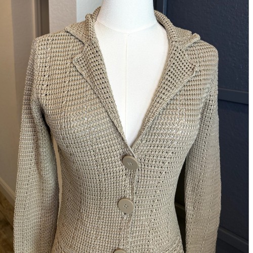 Crochet Tan Silk Cotton Long Sleeve Minimalist Preppy Feminine Cardigan XXS - Bild 2 von 5