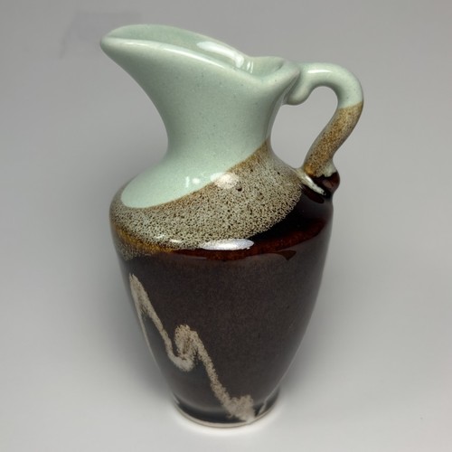 Drip Glazed Pitcher Mini Green Brown Vase Handle Spout Pottery 4.25” Tall - Picture 2 of 7