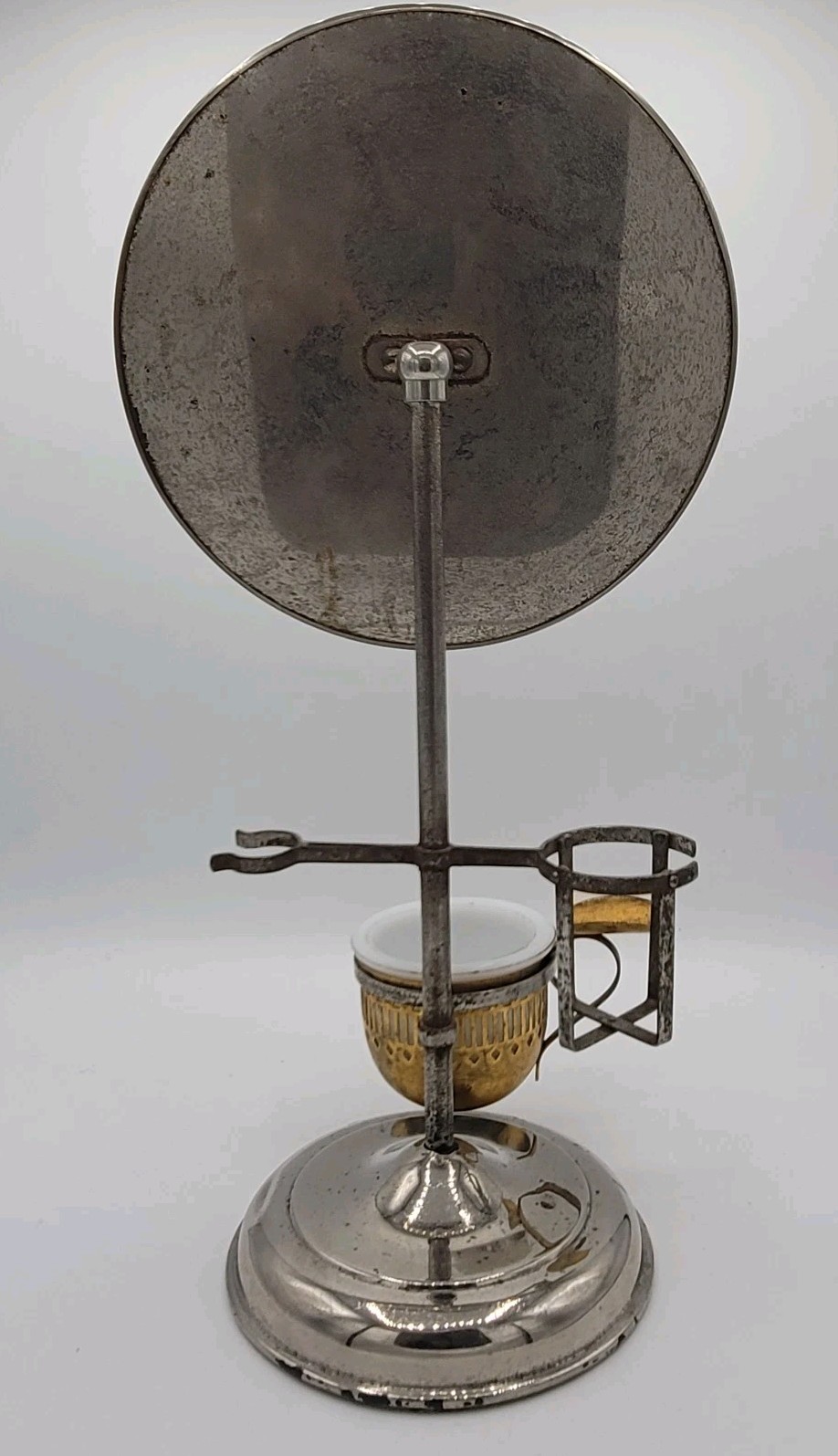 VTG Beveled Glass Shaving Mirror Metal Stand Brass Shaving Cup Holder