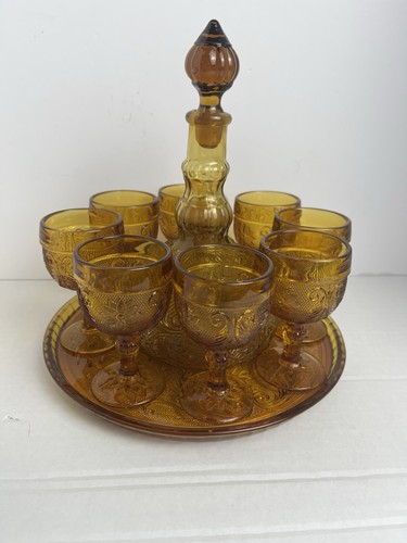 Vintage Tiara Exclusive Amber Glass Decanter 8 Goblets + Platter Set Indiana - Picture 2 of 13