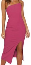 Lyaner Women's Spaghetti Strap Split Hem Sleeveless Zipper Bodycon Midi Dress in