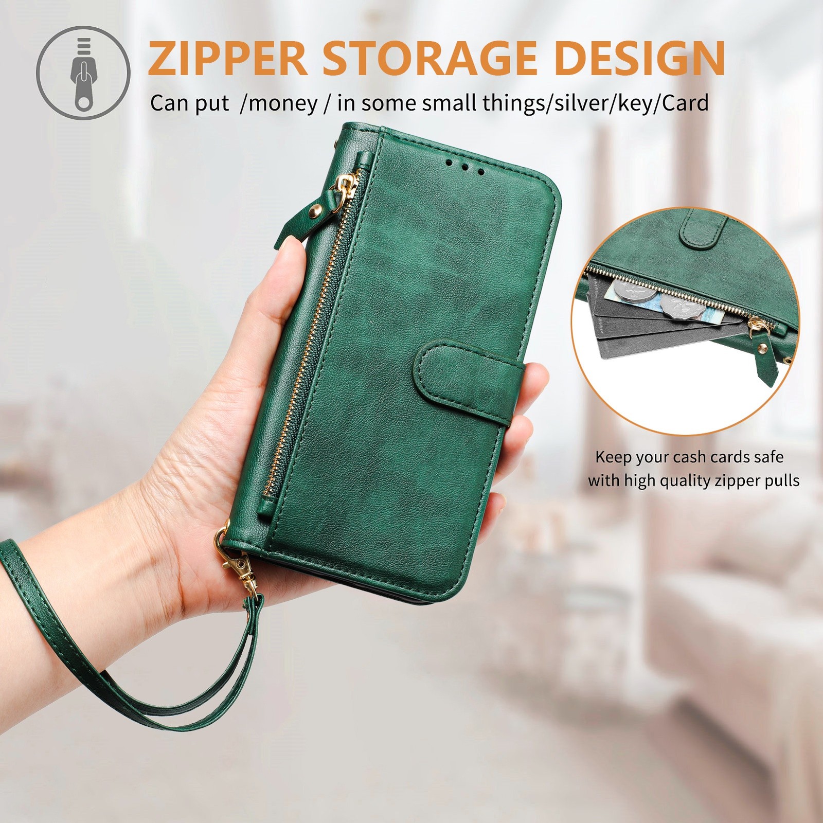 Zip Leather 7 Cards Wallet Case Flip Stand Cover +Hand Strap