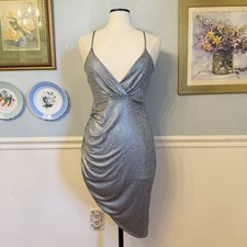 Vintage Y2K Charlotte Russe Asymetrical Dress Large Babydoll Silver Party Rave