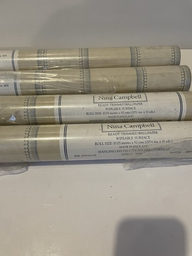 4 Rolls Nina Campbell Osborne & Little Wallpaper Blue Cream Beige Stripe Cottage - Picture 5 of 23