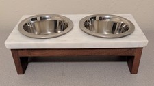 Heavy Marble Elevated Pet Feeder x 2 Stainless Bowls Dog Cat