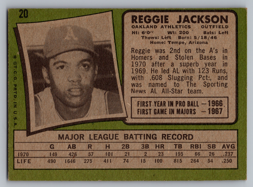 1971 TOPPS #20 REGGIE JACKSON A'S - Picture 2 of 3