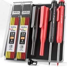 Nicpro Carpenter Pencil with Sharpener, Mechanical Pencils Set Black,Red