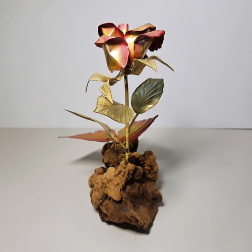 Vintage M. Hinz Signed Metal Art Rose and Butterfly in Burl Wood Sculpture - Bild 4 von 9