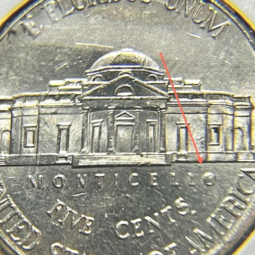 2011 Jefferson nickel error (Reverse) Die chip variety filled 'O' in monticello