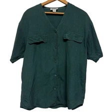 SOstanza Women's Green Silk V Neck Short Sleeve Button Front Blouse Shirt Top M