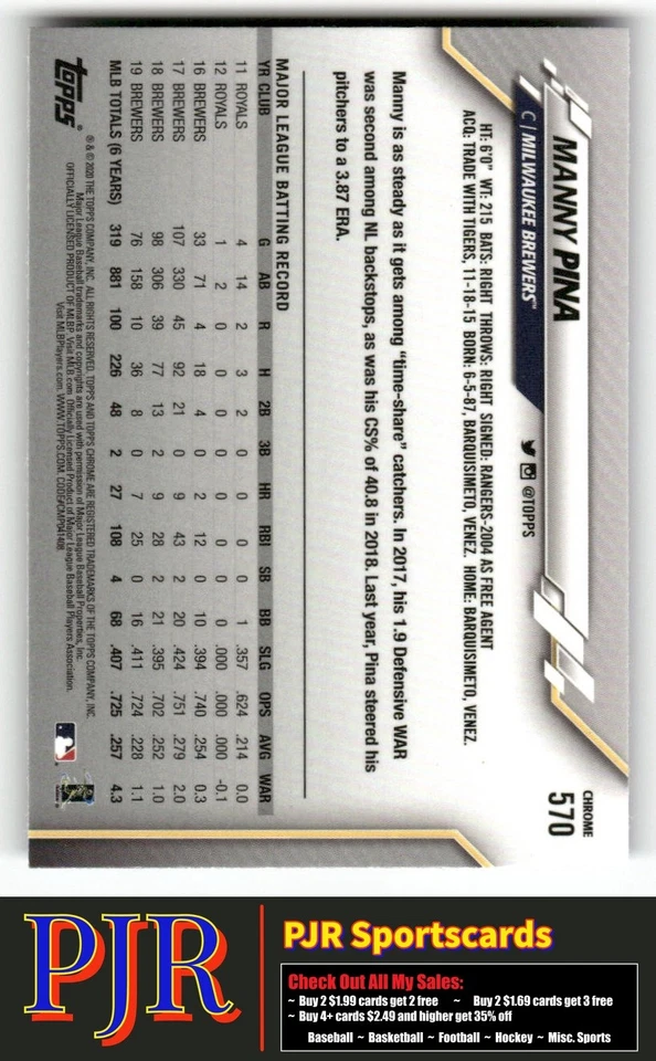 Manny Pina 2020 Topps Chrome Sapphire Edition #570 Milwaukee Brewers - Image 2 of 2